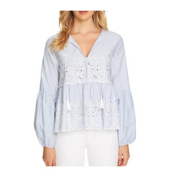 CeCe Women's Large Blue White Embroidered Striped Long Sleeve Eyelet Peasant Top - Picture 1 of 8